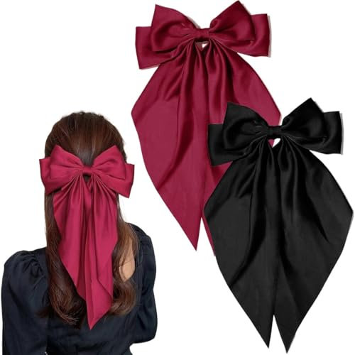 2 Pièces Noeud Chevux,Arcs à Cheveux,Pinces à Cheveux avec Grand Nœud en Satin Soyeux, Pinces à Cheveux Élégantes Pour Femmes Et Filles,Adaptées à Tous Les Types De Cheveux,Noir + Bordeaux