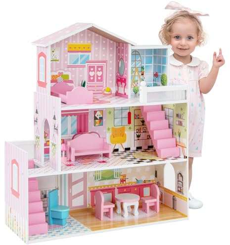 HOMASIS Puppenhaus inkl. komplettem Möbeln & Zubehör, Rosa Puppenstube Holz, Puppenvilla mit 3 Etagen & 5 Zimmer, Dollhouse für Mädchen, Traumvilla für Kinder ab 3 Jahren (Modell 4)