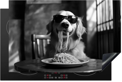 KitchenYeah© Herdabdeckplatte 80x52 cm Einteilig Induktionsmatte Küche Abdeckung Ceranfeld Herd Abdeckplatte Deko Vinyl Matte Aufrollbar Golden Retriever - Hund - Spaghetti - Schwarz - Weiß