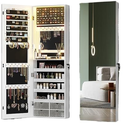 SanzIa Armoire à Bijoux Verrouillable à Montage Mural ou sur Porte avec Miroir de 47.2 », Grand Meuble de Rangement Suspendu Miroir Lumineux Intégré(Weiß)