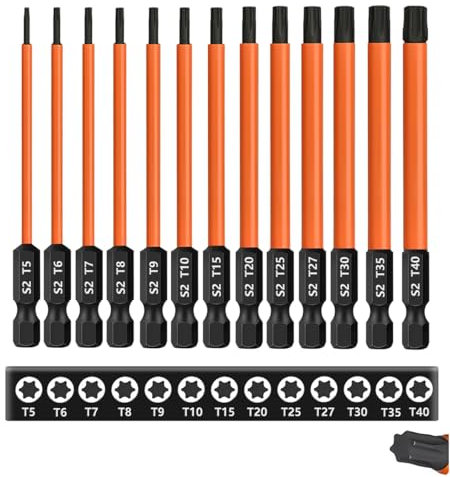 Saipor Set de 13 Embouts Long Torx, T5-T40 Embouts Tournevis Torx S2 Acier, Longueur 100 mm, Tige hexagonale de 1/4 Embout Visseuse Magnétiques Pour Perceuse-Visseuse