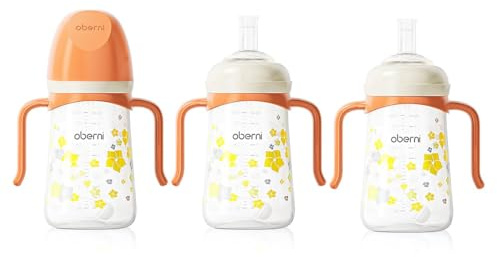 Oberni Toddler Sippy Cup, Weighted Straw Baby Drinking Water Bottle with Valved Spout for 6+ Months, 300ml/Orange/3Pack