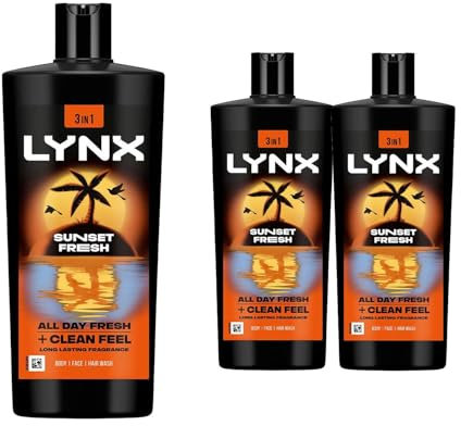 Lynx XXL Body Wash Multipack Sunset Fresh 3-in-1 Men's Shower Gel for Hair, Face & Body 12H Sweat and Odour Protection Energising Mango and Mandarin Scent 700ml, 3 Pack