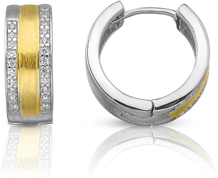 Cassini Bicolor Klappcreolen Damen – Elegante Silber-Gold Creolen aus 925 Sterling Silber, nickelfrei & hypoallergen mit Zirkonia ca. 16mm⌀, rhodiniert & mattiert, mittelgroße Ohrringe, 3CAE
