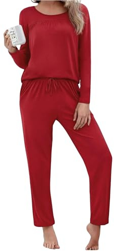 Marvmys Women's Pyjama Sets Ladies Pyjamas | Long Sleeve Contrast Trim Round Neck Top and Pants with Pockets Loungewear Sets for Ladies