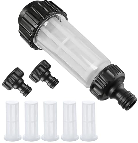 Wasserfilter Gartenschlauch, 3/4 Zoll Wasser Vorfilter Wasserfilter Set mit 5 Filtereinsatz & 3 Schnelladapter für Hochdruckreiniger, Gartenpumpe, Gartenbewässerung, Wohnmobil