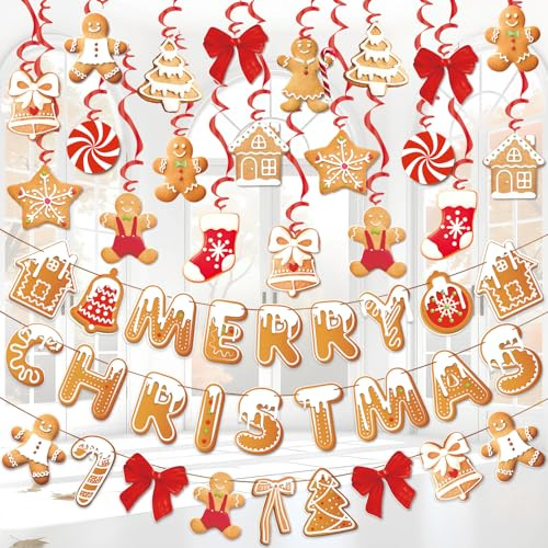 Easy Joy Weihnachtsdeko Lebkuchen Set, Banner & Spiralen für Weihnachte | Lebkuchenmännchen, Haus, Baum, Stern & Strumpf Motive zum Aufhängen für Weihnachtsfeier, Zuhause und Klassenzimmer