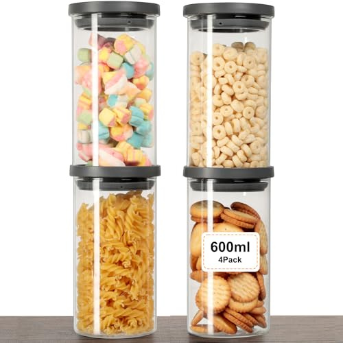 VINATO 4 Stück Vorratsgläser - Vorratsdosen Mit Deckel Luftdicht aus Borosilikatglas für Küche, BPA-frei, Glasdosen Mit Deckel Set, 600ml für Nüsse, Snacks & Gewürze