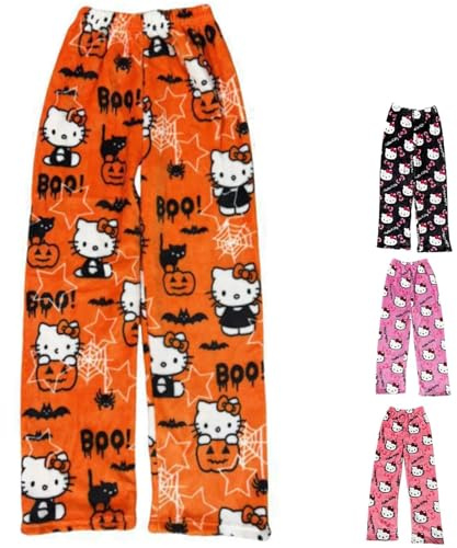 Pyjama Hose Damen,Halloween Pyjamas Hosen Lang Flanell PyjamasHose Schlafanzug Weich Kawaii Pyjamas Hose Anime Bequeme Schlafanzughose Cartoon Casual Schlafhose Herbst-Winter für Kinder/Frauen/Mädchen