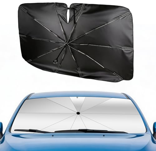 Oziral Auto Sonnenschutz Frontscheibe,145x85cm Faltbar Auto Windschutzscheibe Sonnenschirm mit Ovalem Griff, 10cm Lederverlängerung – UV-Schutz, Hitzeschutz & Kratzer-Vermeidung für alle Fahrzeuge