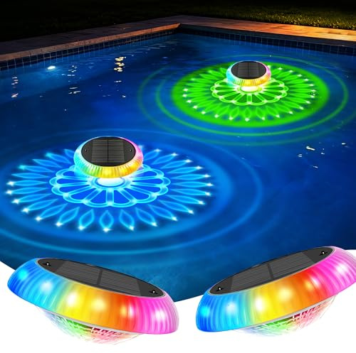 iseeway 2 Pièce Lumière Piscine Solaire Flottante avec Télécommande | 16,3 cm, 2-en-1 (57 Modes), Minuterie, IP67, pour Piscine Hors Sol, Gonflable, Jacuzzi, Bassin