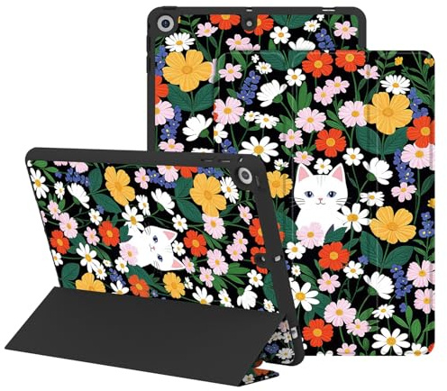 Chichery Hülle für iPad 9.8.7. Generation 10,2 Zoll 2021 2020 2019 mit Stifthalter, PU Leder Schutzhülle mit Auto Schlaf/Wach Ständer Muster für Mädchen Frauen, Katze Blume