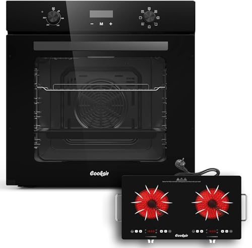Cooksir Four Encastrable 60CM avec Prise, 60 Litres, 2000W, 7 Fonctions, Bouton Rotatif+Cooksir Plaque Vitrocéramique 2 Feux avec Fiche, 3200W, 56cm Table de Cuisson Deux Foyers Portable avec Poignée