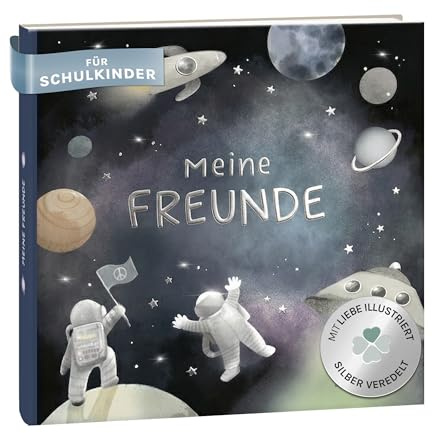 mintkind® Freundebuch Schule Jungen Astronaut – 21x21 cm, 30 Freunde | Schulfreundebuch Grundschule: 80 Seiten Hardcover, 150 g Papier, Geburtstagskalender, Ausmalseite – Geschenk zur Einschulung