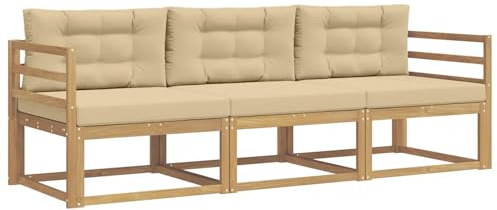 vidaXL Outdoor-Sofagarnitur mit Kissen 3 pcs Weiß und Beige Polyester, Akazienholz Sofa Set für draußen, modernes Loungemöbel, Flexibler Gartenplatz, wetterfeste Einrichtung