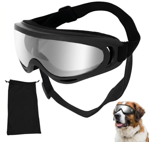 Hundebrille für Große Hunde ab 15 kg mit UV-Schutz - Weit Sichtfeld Sonnenbrille Hund, Verstellbarer Riemen & Nasenpolster, Inklusive Aufbewahrungstasche