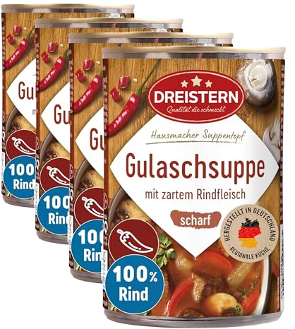DREISTERN scharfe Gulaschsuppe 400g I Mit zartem Rindfleisch & Gemüse I Pikanter Eintopf in recyclebarer Konservendose I Lange Haltbarkeit dank natürlicher Konservierung I Hausmacher Qualität