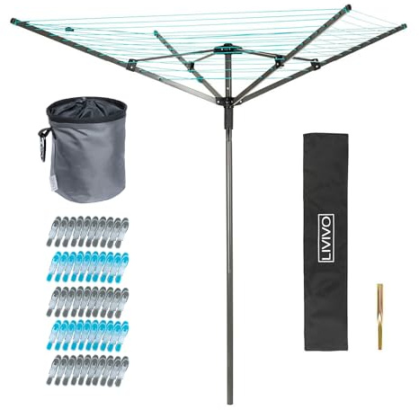 LIVIVO 45m Rotary Washing Line & Clothes Pegs 50 Pack with Peg Bag - Outdoor Clothes Airer with Ground Spike & Cover - Heavy Duty Laundry Pegs with Secure Grip - Complete Laundry Essentials