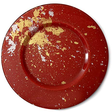 Syosaku Japanese Urushi Glass Charger Plate-L Φ13.9-inch Vermilion with Gold Leaf, Dishwasher Safe
