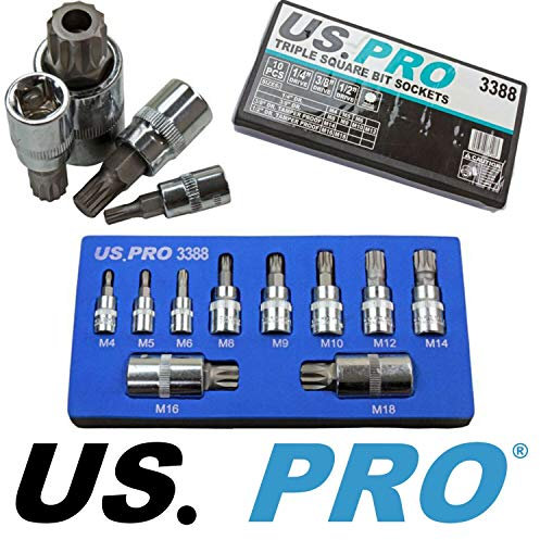 US PRO 10pc 1/4'' 3/8'' 1/2'' Drive Triple Square Spline Bit Sockets M4 - M18 3388
