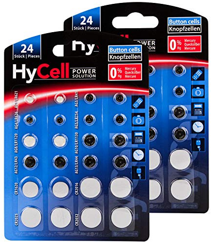 HyCell 48x Knopfzellen-Sparset / Je 4x CR2032 CR2025 CR2016 CR1620 LR41 LR43 LR44 LR626 LR621 LR754 LR1120 LR1130 / Ideal für Autoschlüssel TAN-Gerät Kinderspielzeug Uhren etc.