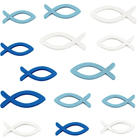 FEPITO 144 Stück Holz Deko Fische Streudeko Taufe , Deko Taufe Junge Tischdeko Taufe Konfirmation Deko