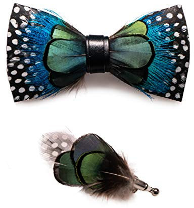 JEMYGINS Noeud Papillon Homme Noir/vert/bleu en Plume en Plumes Fait Main et Broche Ensemble Compris boîte