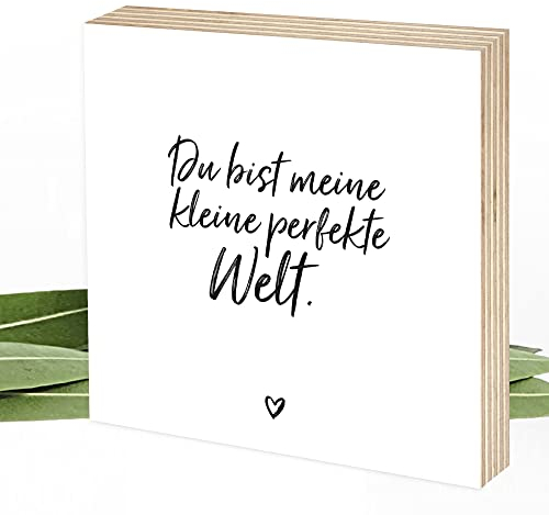 Wunderpixel® Holzbild Du, meine perfekte Welt 15x15x2cm zum Hinstellen/Aufhängen, echter Fotodruck mit Spruch auf Holz - schwarz-weißes Wand-Bild Aufsteller Dekoration Geschenk Liebeserklärung