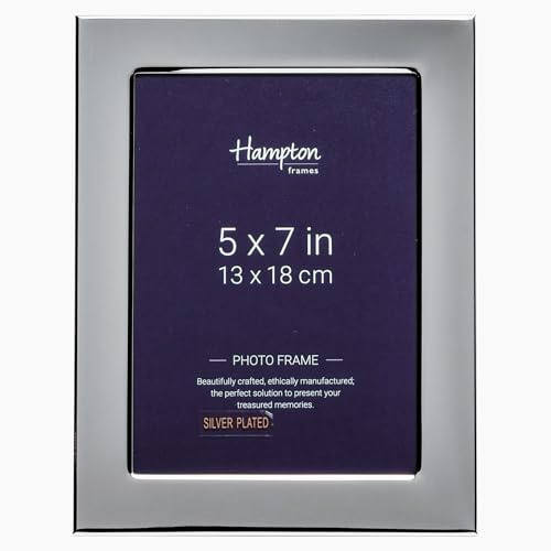 Hampton Frames | WOBURN Silver Picture Photo Frame 5x7 (13x18cm), Polished Silver Plate, Glass Aperture | Engravable, Velvet Back, Freestanding Display, Landscape or Portrait Use