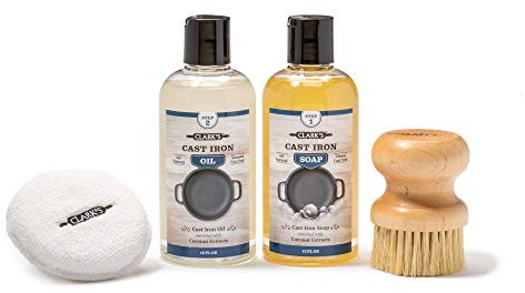 CLARK'S Cast Iron Complete Care Kit | Cast Iron Seasoning Oil | Cast Iron Soap | Scrub Brush and Applicator Pad | Maintain All Cast Iron and Carbon Cookware