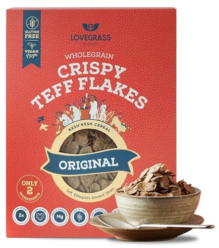 Lovegrass Ethiopia Croccanti Teff Fiocchi | Premiato cereali sani e integrali da colazione 350 g | Senza glutine | Vegano, ad alto contenuto proteico, fibre, vitamine e minerali | Senza zucchero