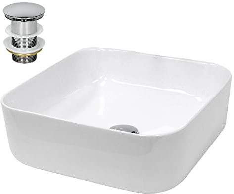 ECD Germany Waschbecken Waschtisch 390x390x140 mm Keramik Weiß inkl. Ablaufgarnitur für Waschbecken ohne Überlauf Aufsatzbecken Aufsatzwaschbecken Aufsatzwaschtisch Waschschale Spülbecken Becken