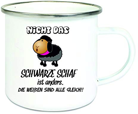 Crealuxe Emaille Tasse Nicht das schwarze Schaf ist anders, die weißen sind alle gleich. - Kaffeetasse mit Motiv, Campingtasse, bedruckte Emailletasse mit Wunschtext