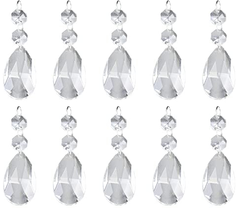 JPGhaha Weihnachten 48mm Träne Kristall Anhänger Teardrop10 Stück Glaskristalle zum Aufhängen Kristallglas Kronleuchter mit 2 Achteckig Perlen für Vorhang Wohnzimmer Garten Party Beleuchtung Hochzeit