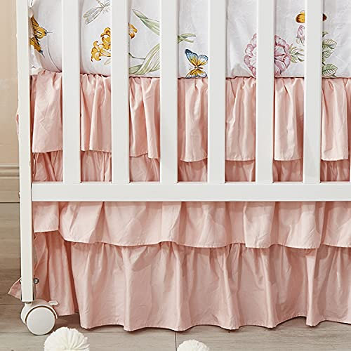 Brandream Jupe de lit à volants triple couche 100 % satin de coton égyptien soyeux Rose pâle
