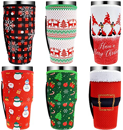 6 Pieces Reusable Iced Coffee Cup Sleeves Christmas Neoprene Sleeves Insulated Cup Cover Xmas Coffee Cup Sleeves Santa Clause Snowman Coffee Cup Covers for 30oz Coffee Beverage Milk Cold Hot Drinks
