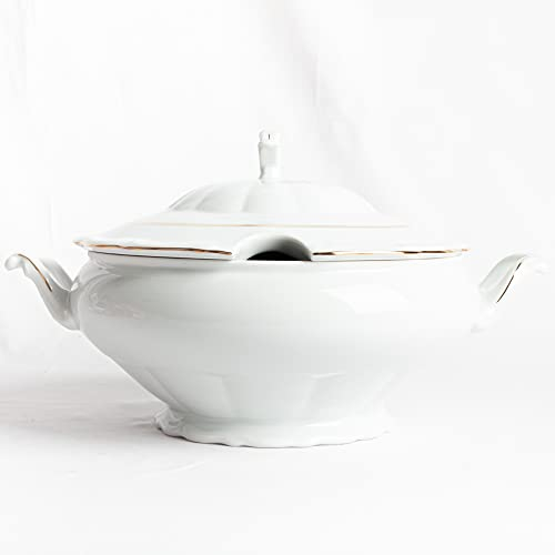 FranquiHOgar Sopera de Porcelana con tapa y asas, Bowl para sopas, cremas blanca con filo de oro | Rhein