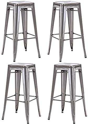 Duhome Barhocker Eisen Barstühle 4er Set, Sitzhöhe 76cm Tresenhocker, Stapelbar Metall Bistrohocker mit Fußstütze im Industry Design, Metallic
