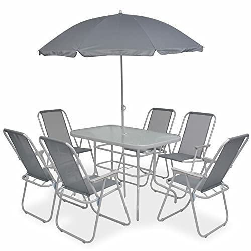 Gecheer 8-TLG. Garten Essgruppe 6 Personen, Sitzgruppe 6+1, Glas Tisch, Stapelbar Stühle & Schirm, Wetterfest Gartenmöbel Set Stahl und Textilene Grau