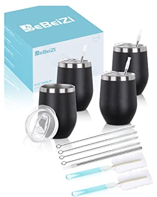 BeBeiZi 4 Stück Weinbecher Edelstahl, 350ml Stemless Weinbecher Mit Deckel Und Strohhalm, Vakuumisolierte Reisekaffeetasse für Cocktails, Coffee, Hochzeitsgeschenk, Geburtstag Frauen, DIY