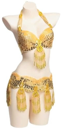 JRUIA Bauchtanz Kostümset Für Damen Professionelles Karnevals BH Und Gürtel Set Mit Perlenquaste Sexy Bauchtanz Kostüm Karneval BH Gürtel (2Stk),Gold,one size