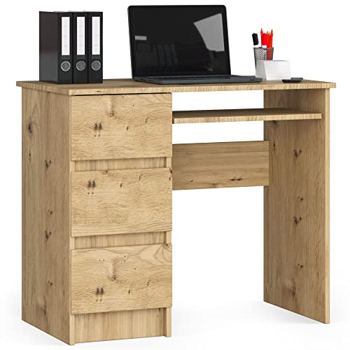 AKORD Schreibtisch A6 90 cm | 3 Schubladen Links | Schreibtisch | Bürotisch | Computertisch | Arbeitstisch | Laptoptisch | Bürmöbel | B90 x H77 x T50 cm | 29,95 kg | Artisan Eiche/Artisan Eiche