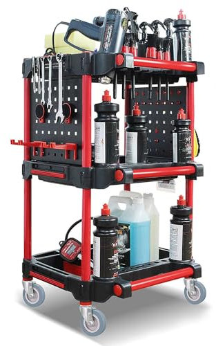 Cleaning Tool Trolley on Wheels, 3-Tier Rolling Tool Cart for Auto Wash & Auto Repair, Heavy Duty Mobile Service Cart for Car Detailing, Workshop, Garage, Warehouse, DIY Storage, 200kg Capacity