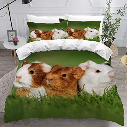 AKATIE Bettwäsche Meerschweinchen Bettwäsche 135x200 Kinder Tierisch Grün Bettbezug Set Weich Microfaser Kinderbettwäsche 3 Teilig Mit ReißVerschluss Mit 2 Kissenbezug 80x80 cm