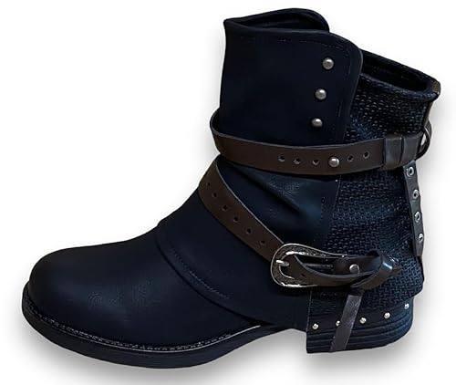 Damen Stiefeletten Biker Boots - Stiefel mit Nieten Blockabsatz - bequeme Herbst Winter Frauen Schuhe Schnallen ST14 Schwarz 39
