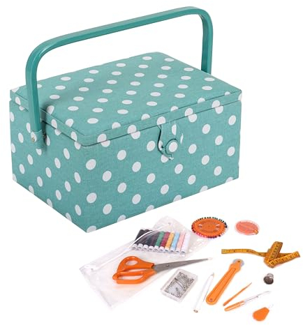 Hobby Gift Esclusiva scatola di immagazzinaggio artigianale pre-riempita con kit da cucito da 94 pezzi incluso, 18,5 x 25,5 x 14,5 cm, pois blu uovo di anatra