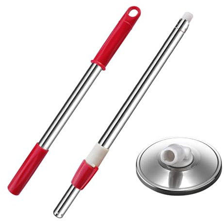 Midremer Spin Mop Replacement Mop Handle, 49-inch 360 Degrees Rotating Telescopic Replacement Mop Stick with Stainless Steel Disc for Spin Mop Bucket Cleaning System (Stainless Steel Disc, Red)