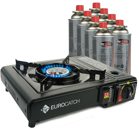 Eurocatch Outdoor - Réchaud à gaz - incl. 8 cartouches de gaz - Réchaud de camping - Brûleur à gaz - Cuisinière à gaz - Plaque de cuisson à gaz - Cuisinière - Mallette de transport