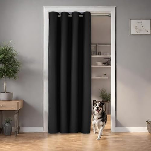 tinycurtains Türvorhang mit Teleskopstange, einfache Montage in nur 1 Minute ohne Bohren (Türvorhang schwarz + Klemmstange Silber - Vorhang 200 x 150 cm (HxB) + Stange 70-120 cm)
