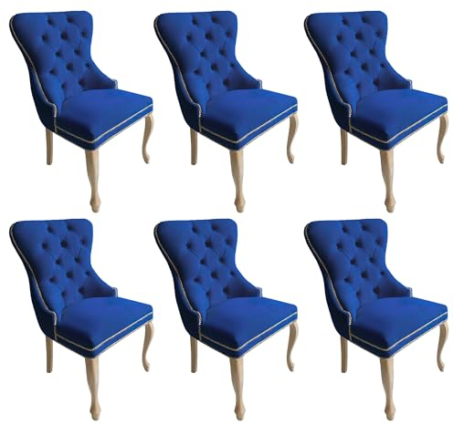 Meble Ares Esszimmerstühle 6er Set Madame - Glamour Stil - Samt Stuhl Esszimmer - Seselstuhl Wohnzimmer, Schminktisch Stuhl - Ankleidezimmer Möbel - Buchenholz, Gesteppt, Dunkelblau - Rustikal
